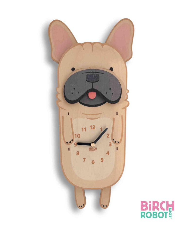 french bulldog pendulum wall clock designed by Birch Robot