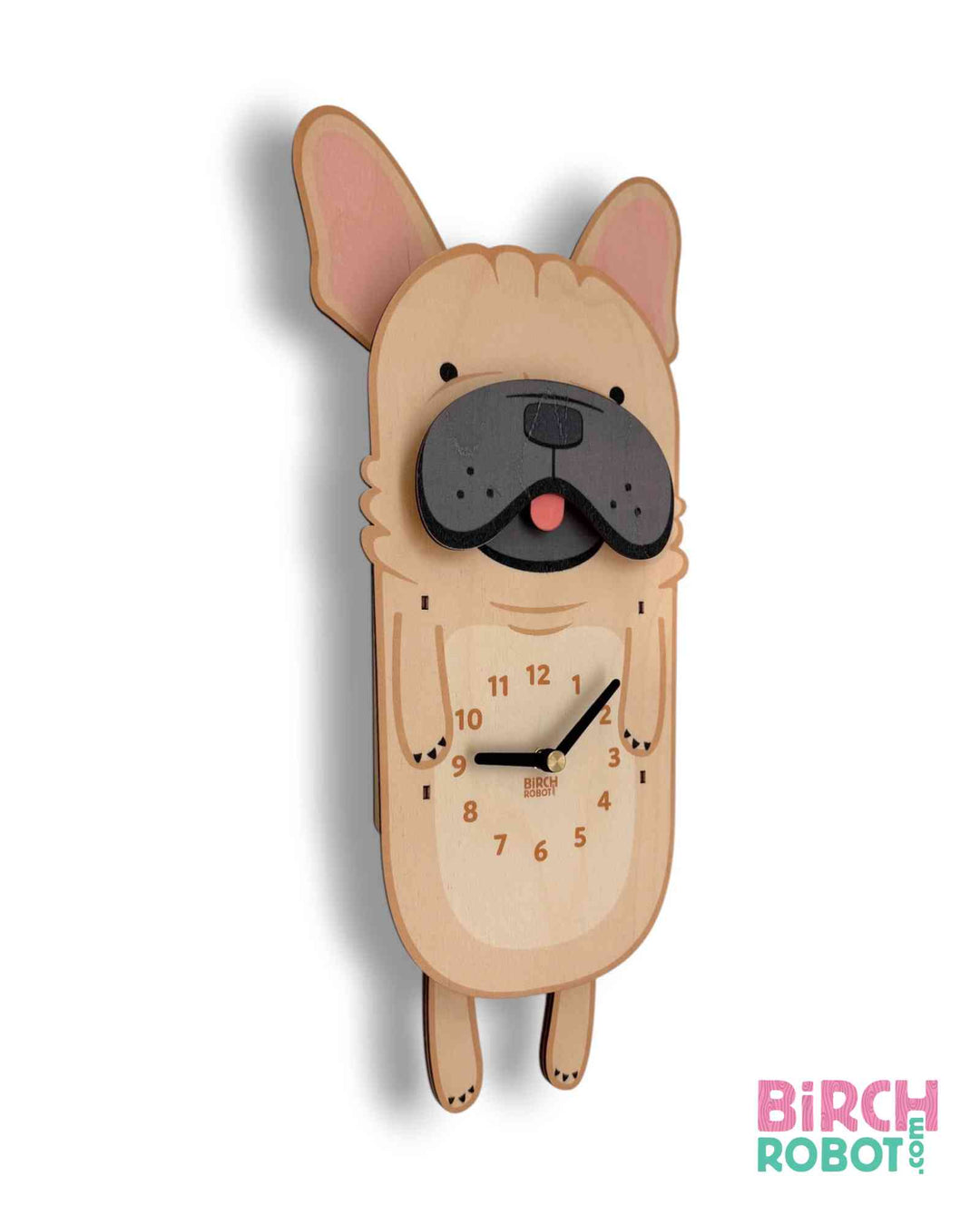 french bulldog pendulum wall clock designed by Birch Robot
