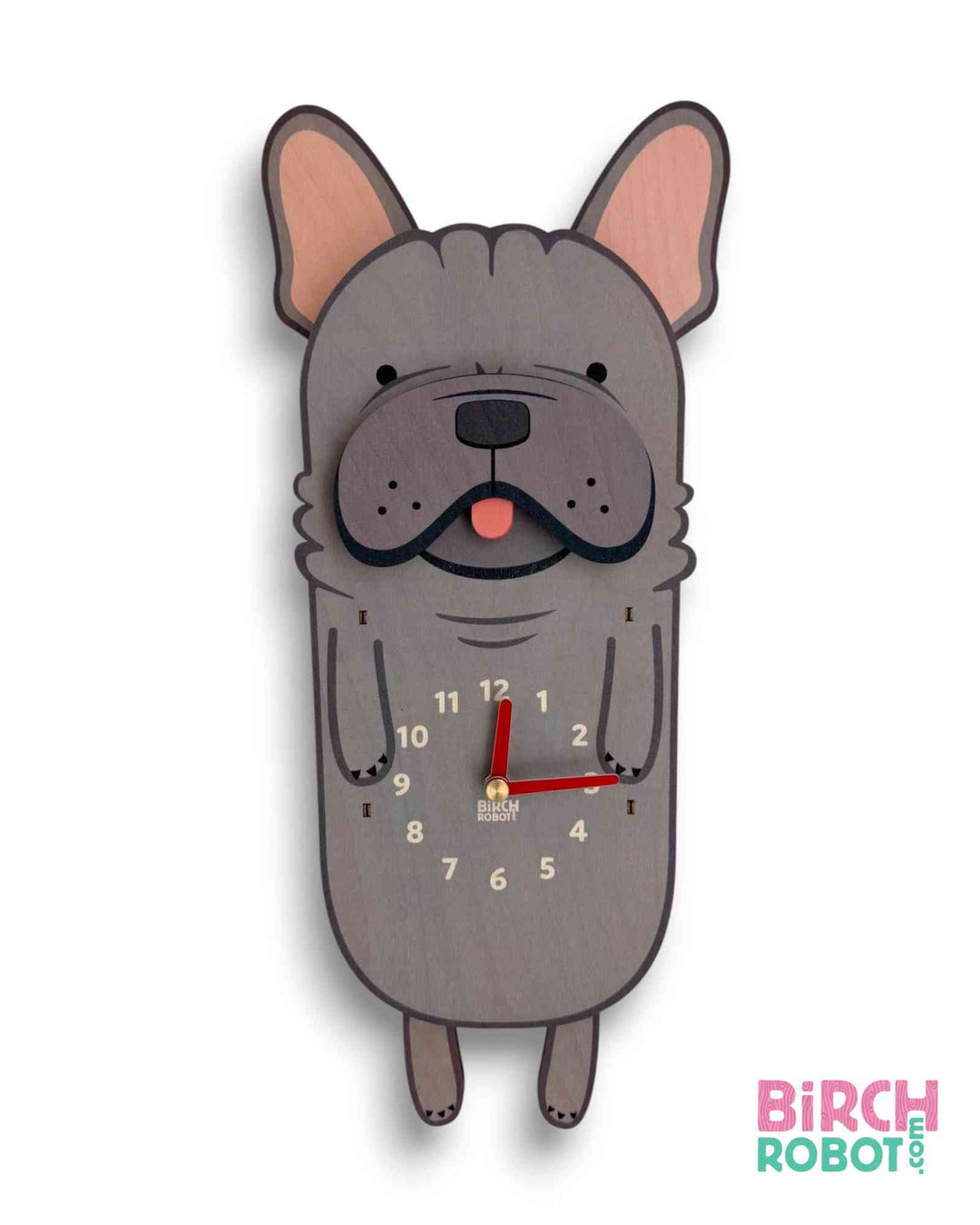french bulldog pendulum wall clock designed by Birch Robot