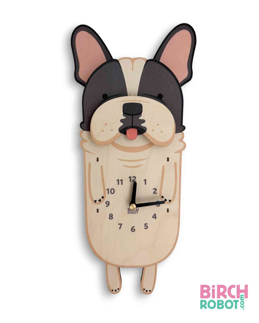 french bulldog pendulum wall clock designed by Birch Robot