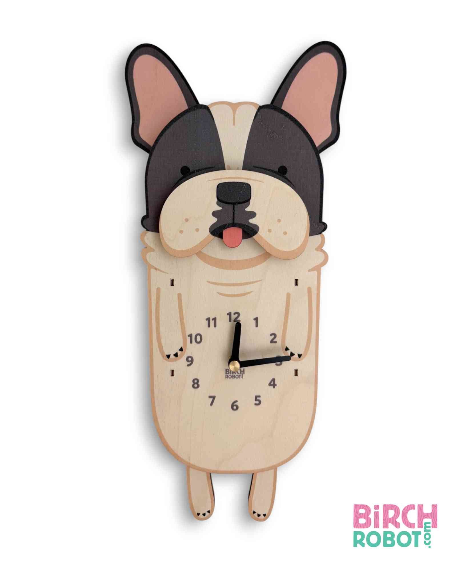 french bulldog pendulum wall clock designed by Birch Robot