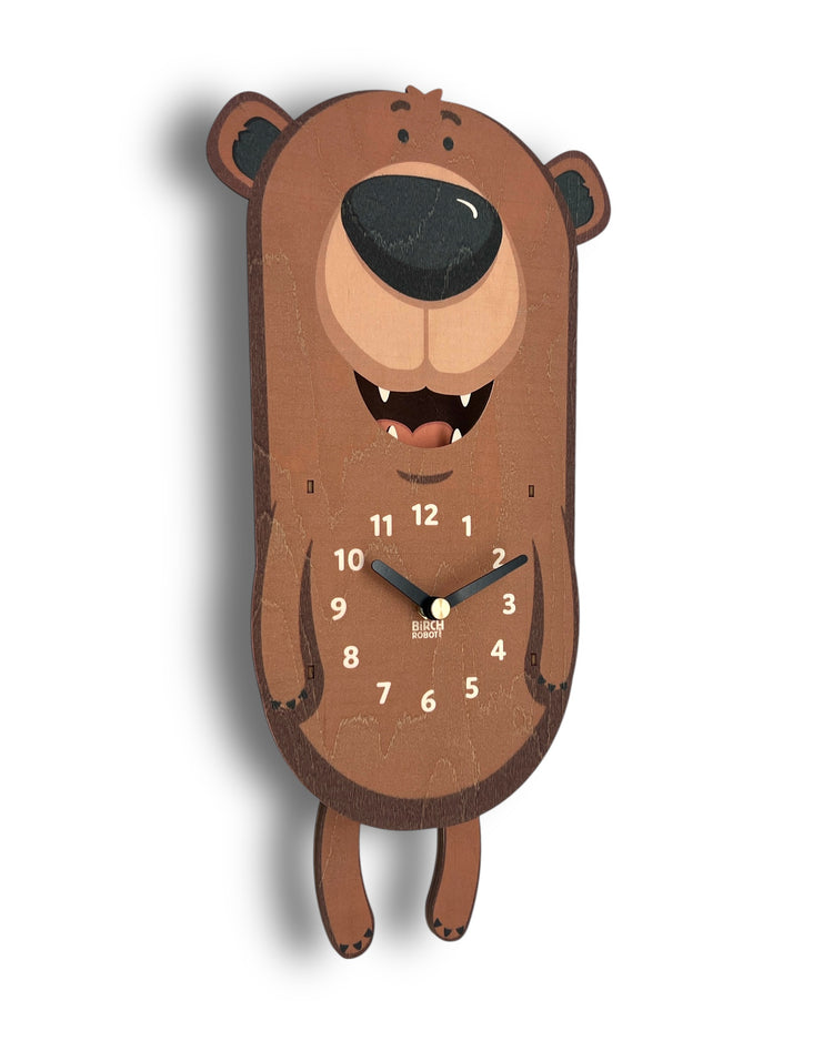 Bear-shaped wall clock on a white background