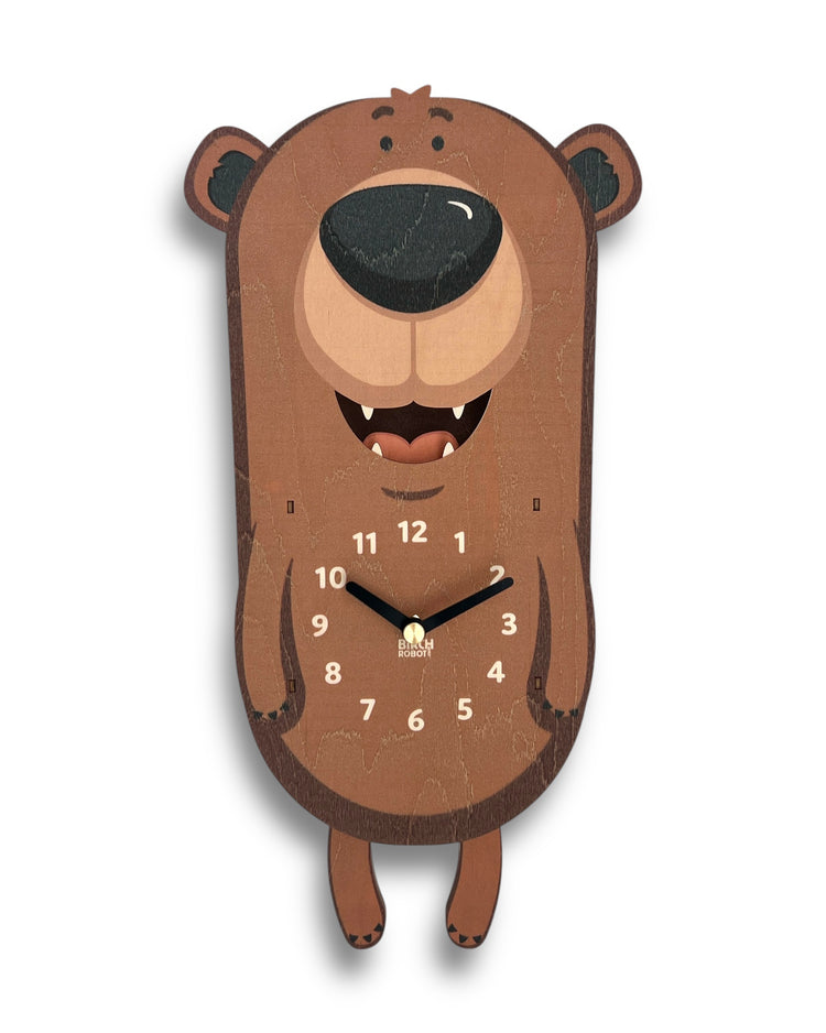 Pendulum Wall clock shaped like a bear on a white background
