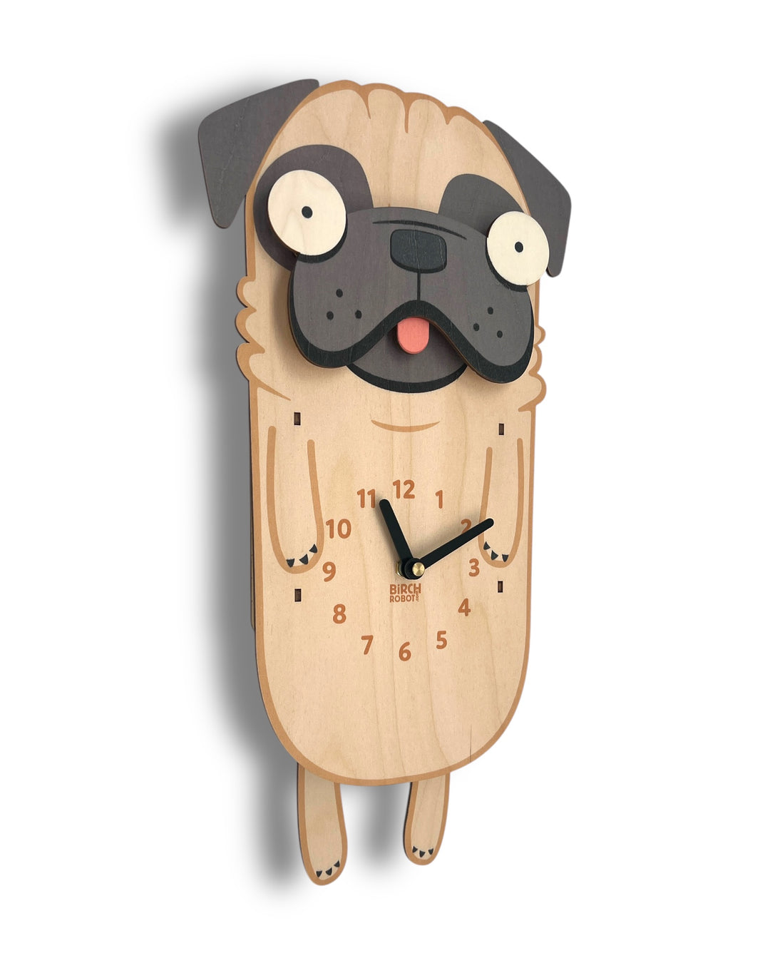 Wooden wall clock shaped like a pug on a white background