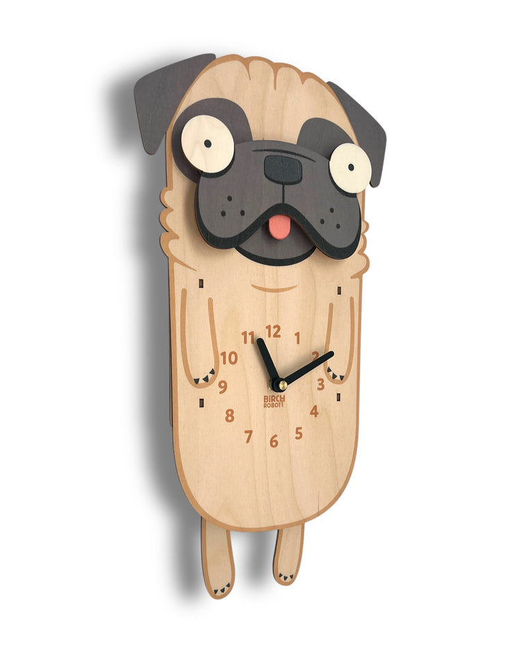 Wooden wall clock shaped like a pug on a white background