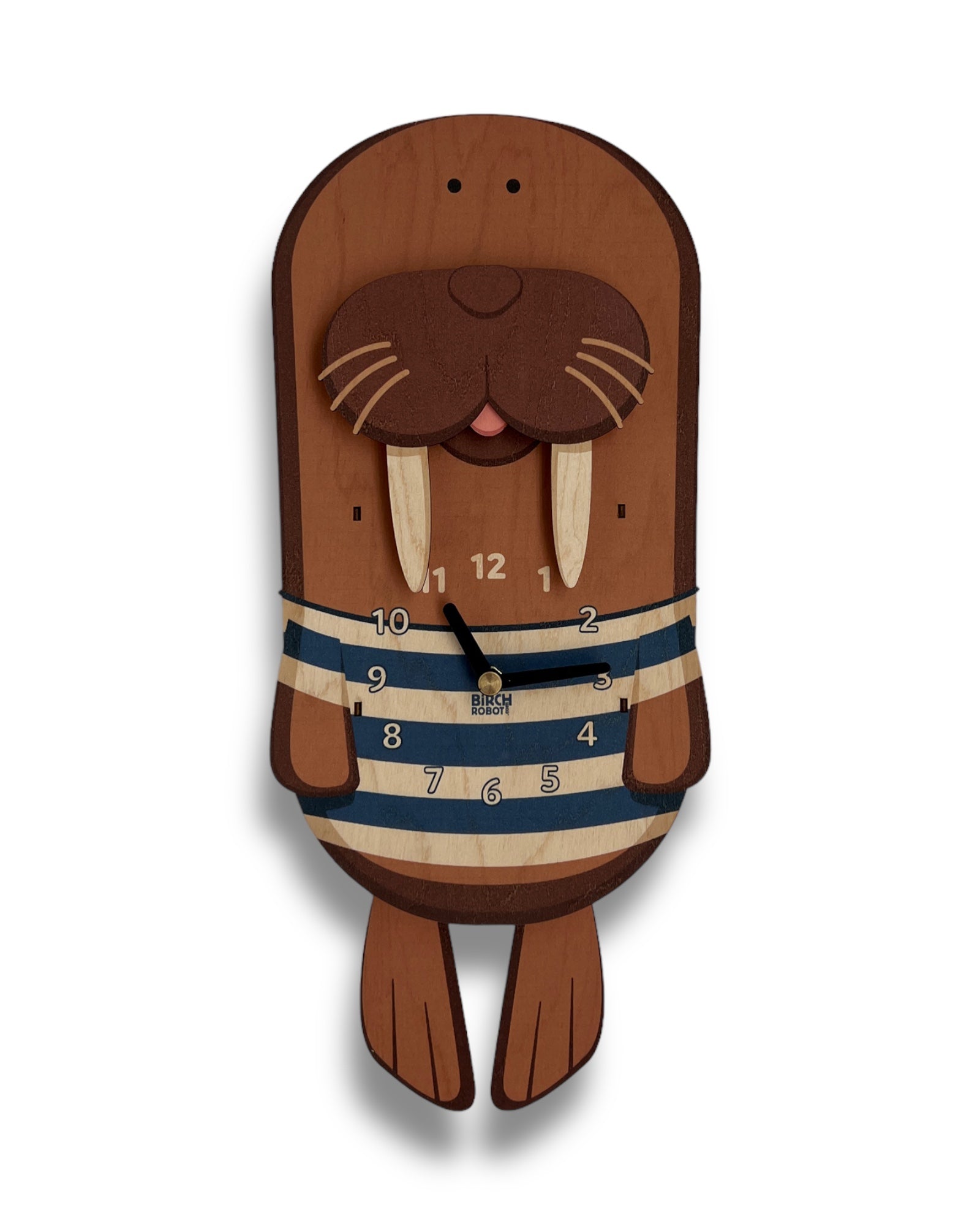 Wooden walrus-shaped clock with a striped sweater on a white background