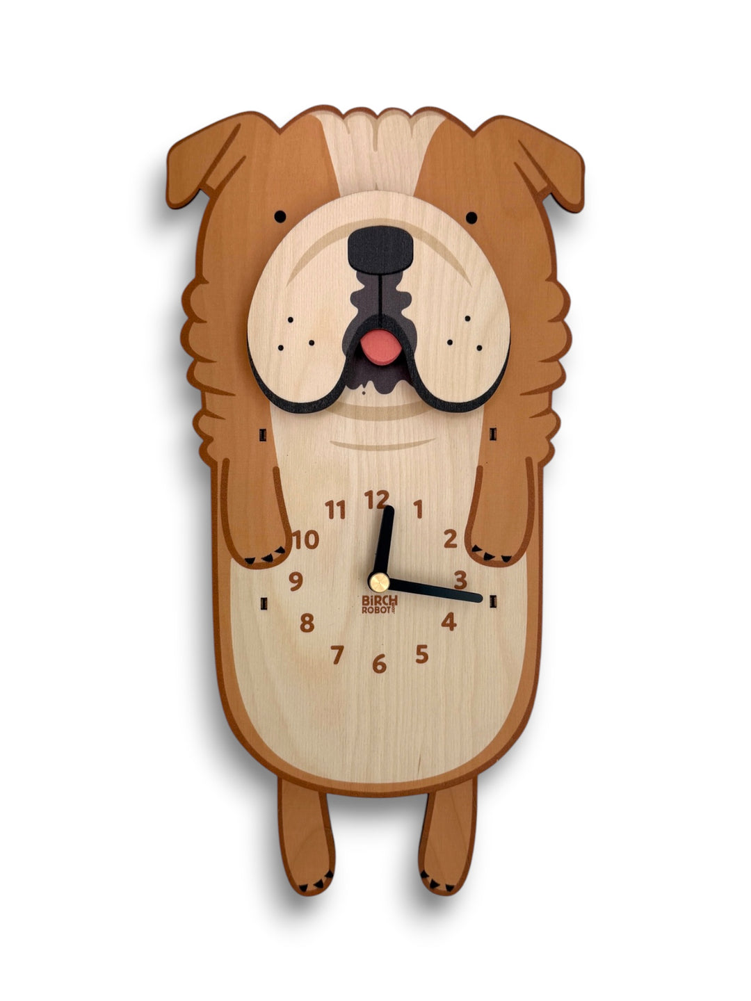 A wooden bulldog wall clock with a natural light wood face, medium brown ears and legs, and black clock hands with a small red nose detail, shown on a white background.