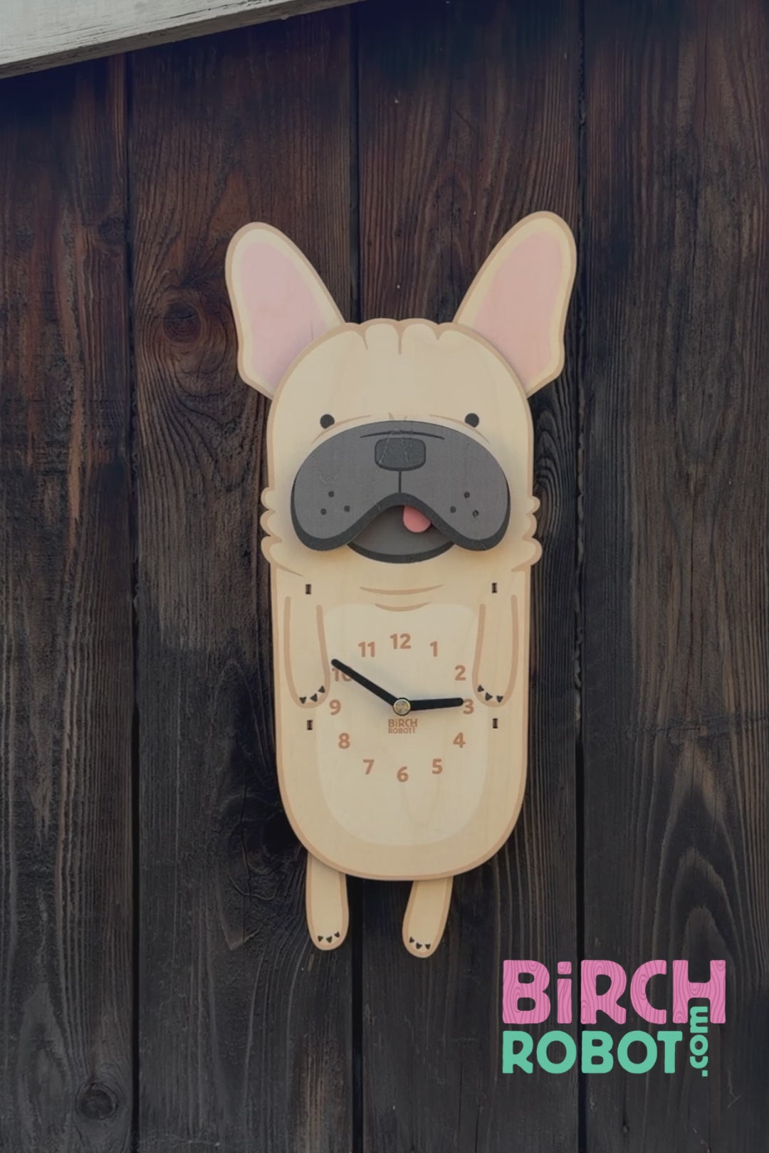french bulldog pendulum wall clock designed by Birch Robot